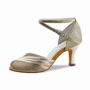 Anna Kern 1028-60 Charlize Dames dansschoenen met Open neus van Golden Brocade - 6 cm Flare Hak