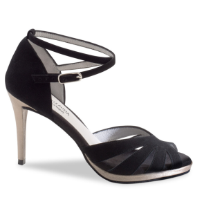 Anna Kern 910-80 zwarte Dames dansschoenen met stiletto hak en plateauzool van suede en bronskleurig metallic leer